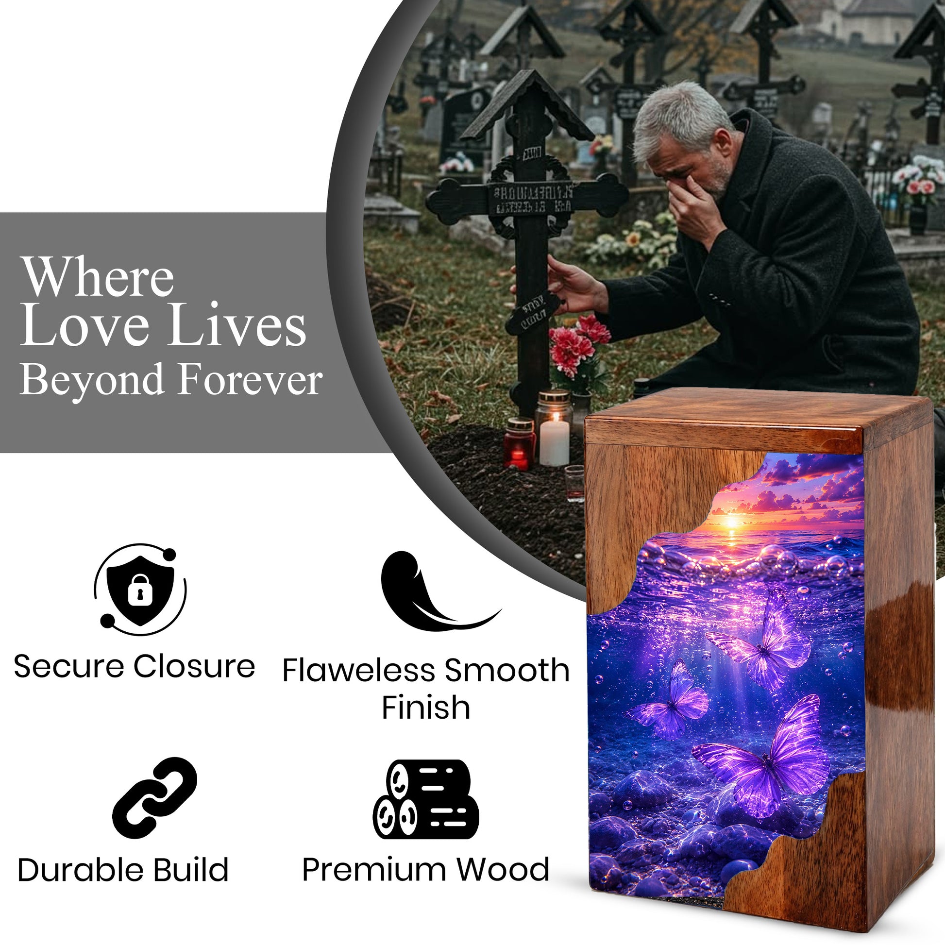 Purple Butterfly Ocean Wooden Cremation Urn – Wooden Urn for Human Ashes