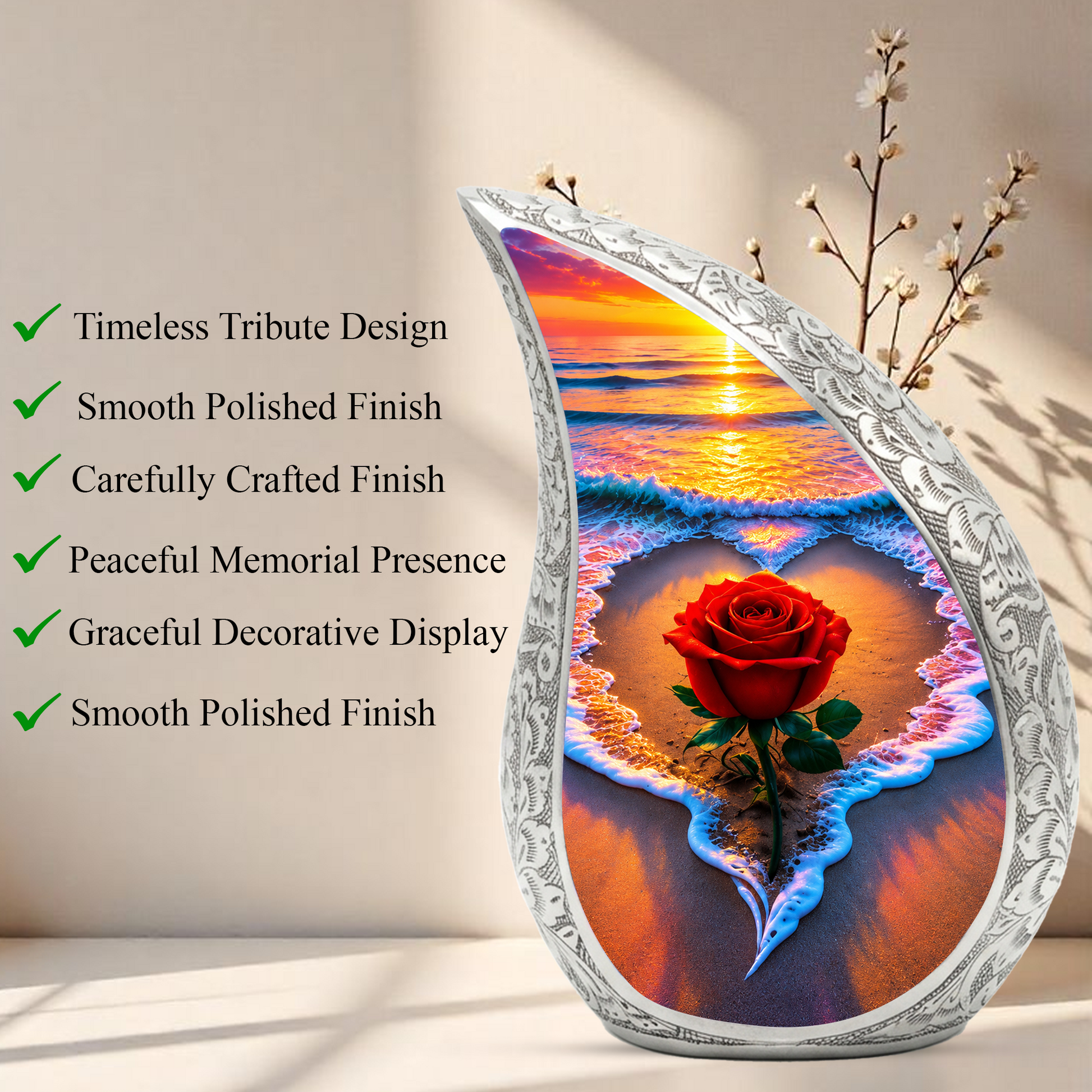 Red Rose Ocean Sunset Urn for Ashes | Beach Urn for Human Ashes, Ocean Wave Cremation Urn