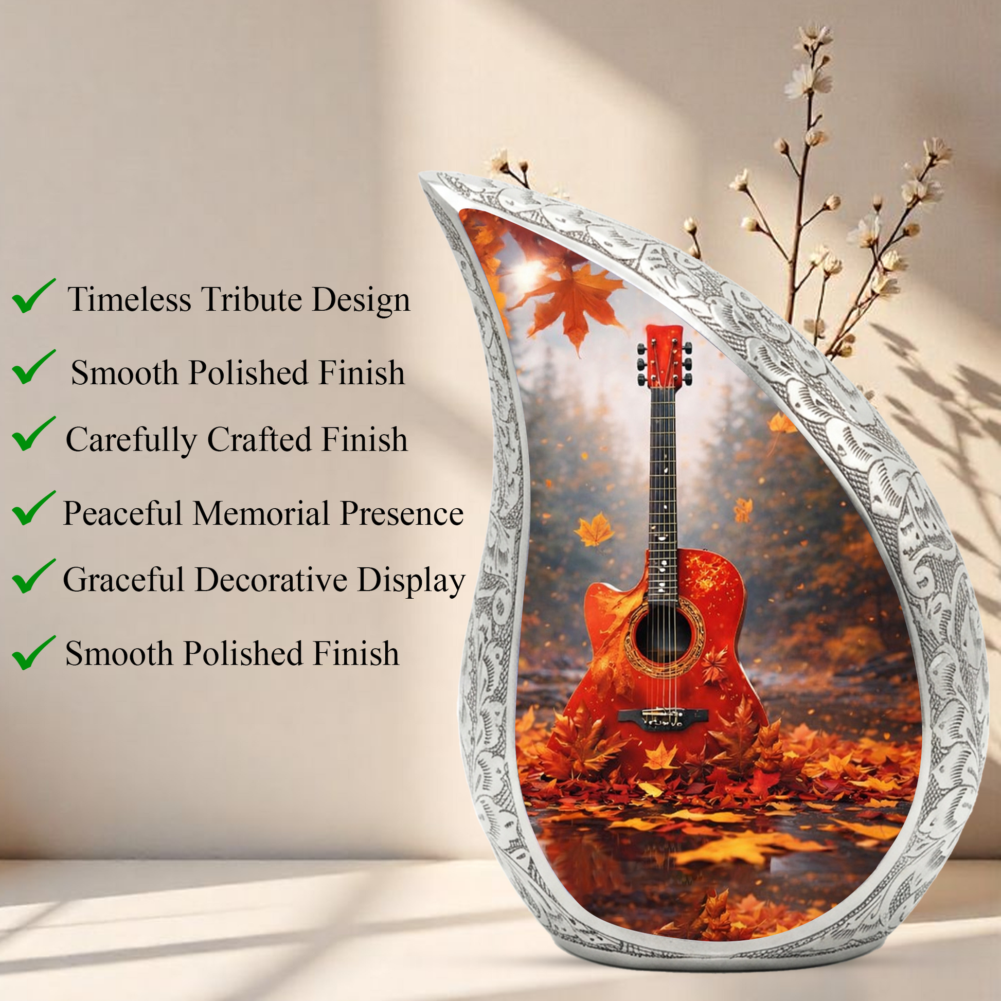 Personalized Guitar Cremation Urn – Custom Music Memorial Urn for Ashes, Teardrop Aluminum Urn, 10 Inch