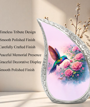 Personalized Hummingbird Cremation Urn – Custom Rose Memorial Urn for Ashes, Floral Teardrop Aluminum Adult Urn, 10 Inch