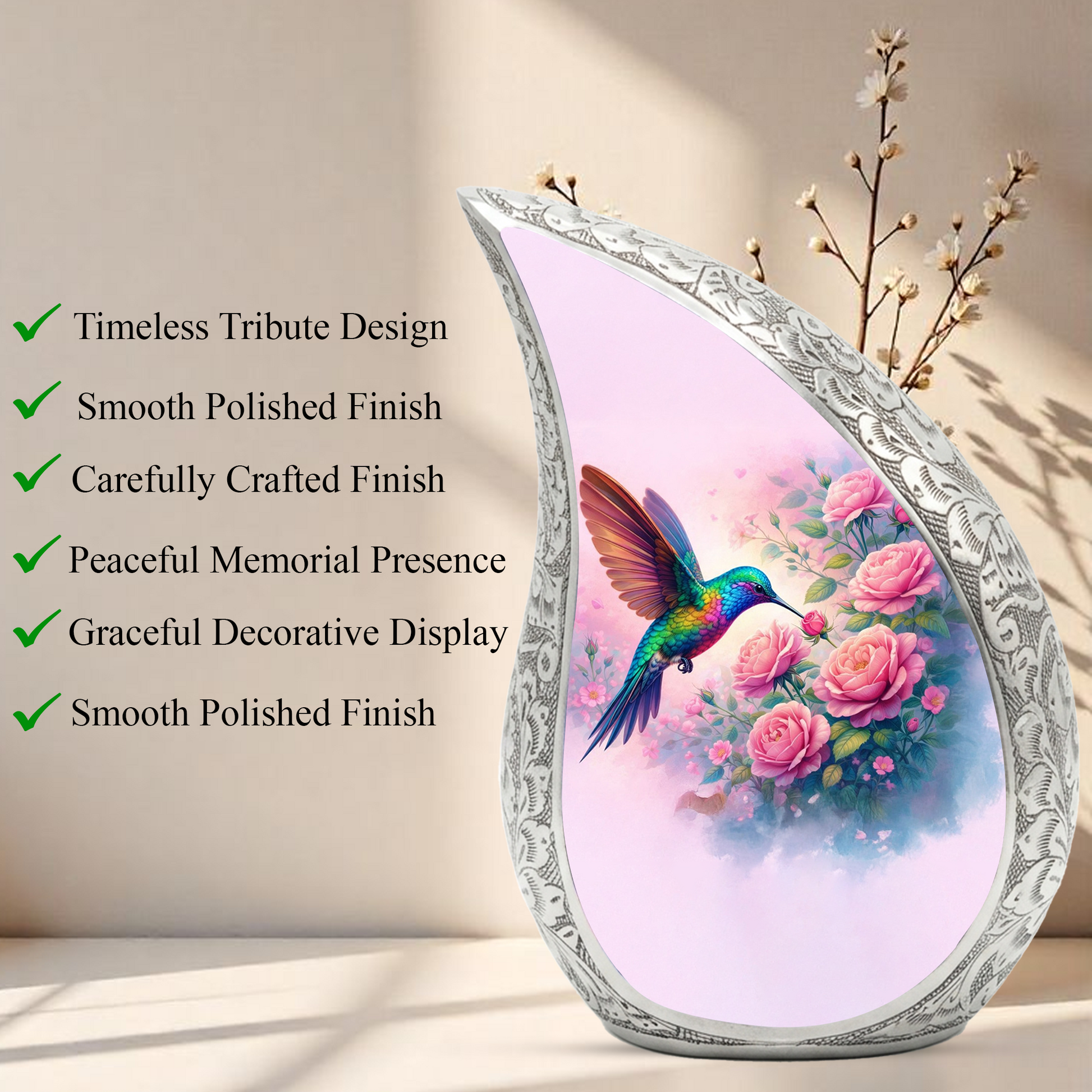 Personalized Hummingbird Cremation Urn – Custom Rose Memorial Urn for Ashes, Floral Teardrop Aluminum Adult Urn, 10 Inch