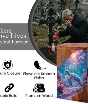 Sea Turtle Underwater Wooden Cremation Urn – Personalized Memorial Urn for Human Ashes