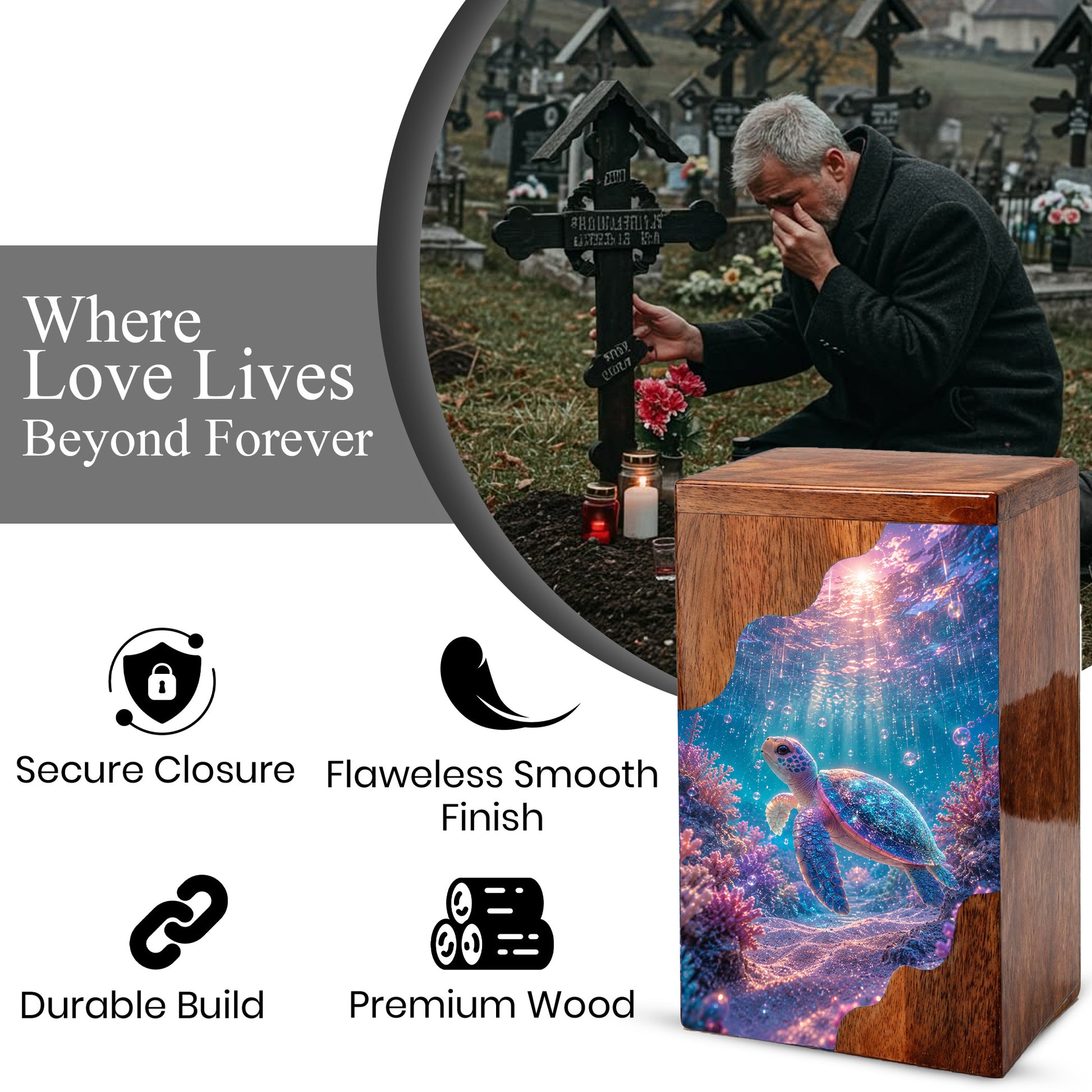 Sea Turtle Underwater Wooden Cremation Urn – Personalized Memorial Urn for Human Ashes