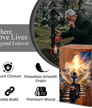 Motorcycle Heaven Wooden Cremation Urn – Ride Into Heaven Memorial Urn for Human Ashes