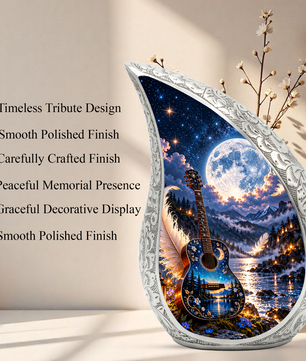 Guitar Cremation Urn for Ashes, Personalized Music Memorial Adult Urn, Celestial Moon Guitar Urn, Handmade Aluminum Cremation Urn