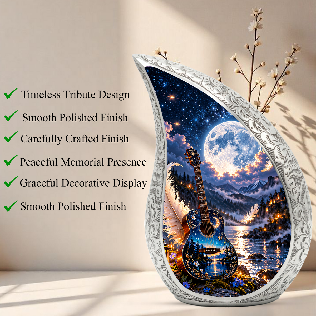Guitar Cremation Urn for Ashes, Personalized Music Memorial Adult Urn, Celestial Moon Guitar Urn, Handmade Aluminum Cremation Urn