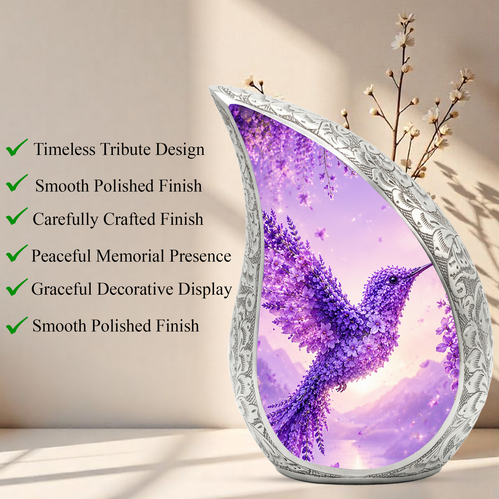 Hummingbird Urn for Human Ashes | Purple Floral Adult Cremation Urn | Beautiful Hummingbird Memorial Urn for Adult Ashes