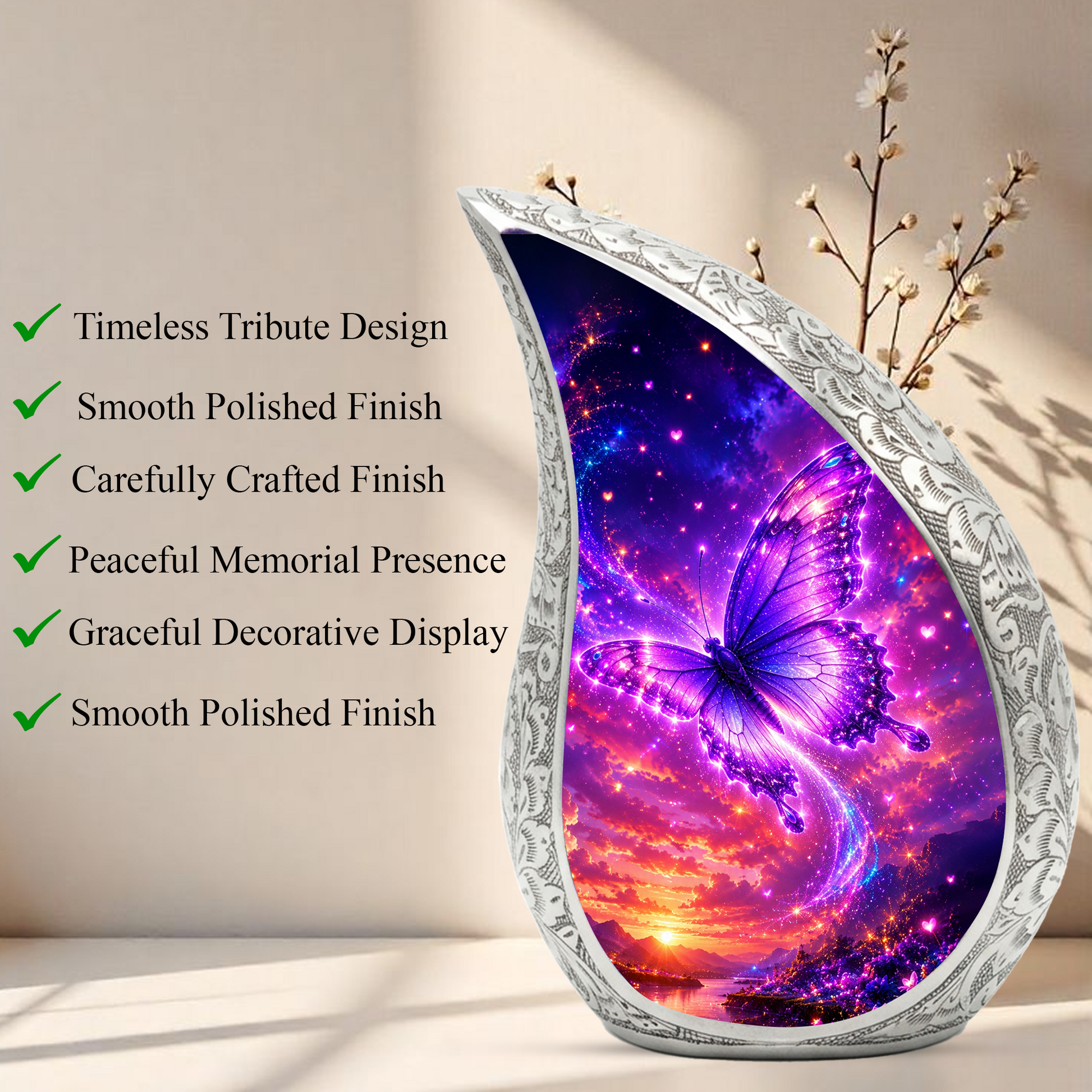 Purple Butterfly Sunset Urn for Human Ashes | Beautiful Butterfly Cremation Urn