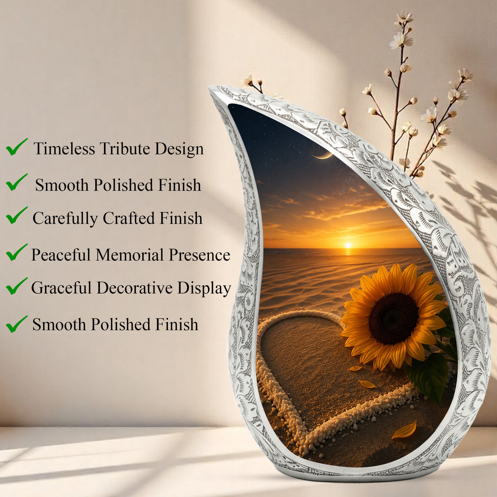 Beach Sunflower Urn for Human Ashes | Adult Cremation Urn with Sunflower & Coastal Design