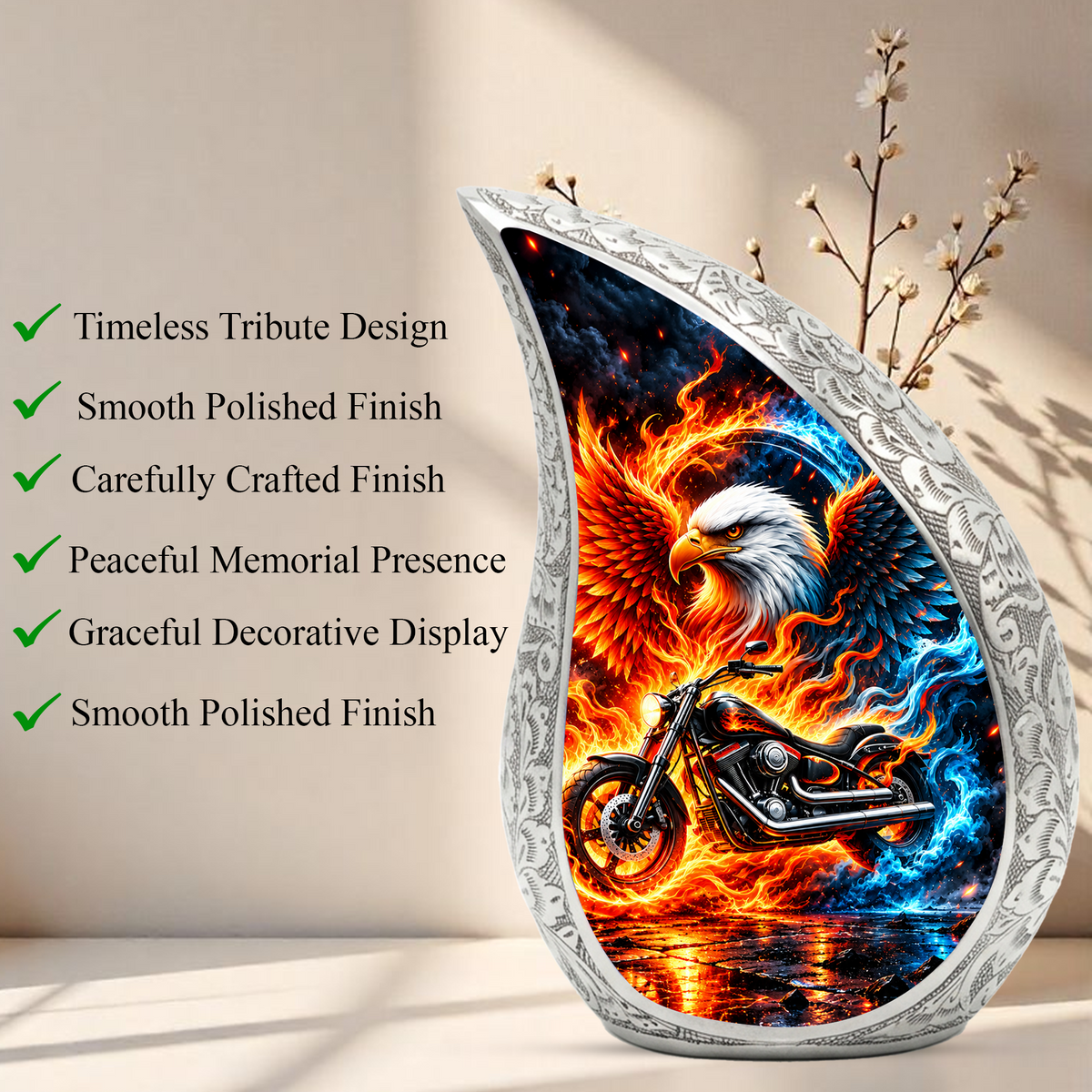 Motorcycle Cremation Urn for Ashes, Eagle Fire Memorial Urn