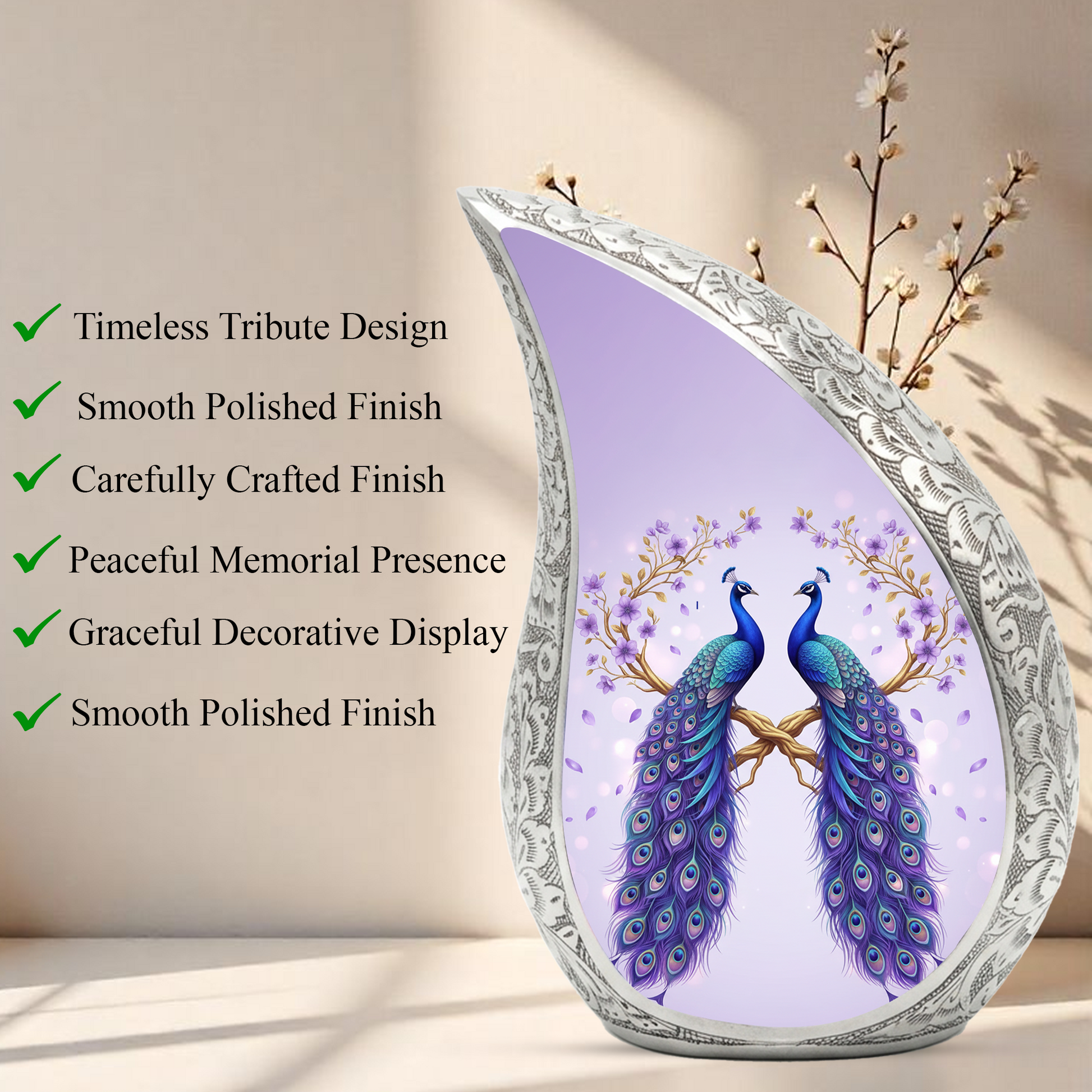 Peacock Memorial Urn for Mom | Elegant Adult Cremation Urn for Ashes