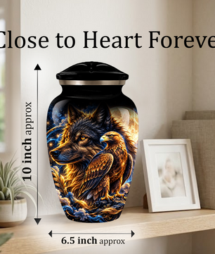 Wolf and Eagle Cremation Urn for Adult Ashes, Black Memorial Urn with Golden Eagle, Majestic Wolf and Celestial Artwork