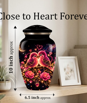 Love Birds Cremation Urn for Adult Ashes, Romantic Pink Birds and Roses Memorial Urn