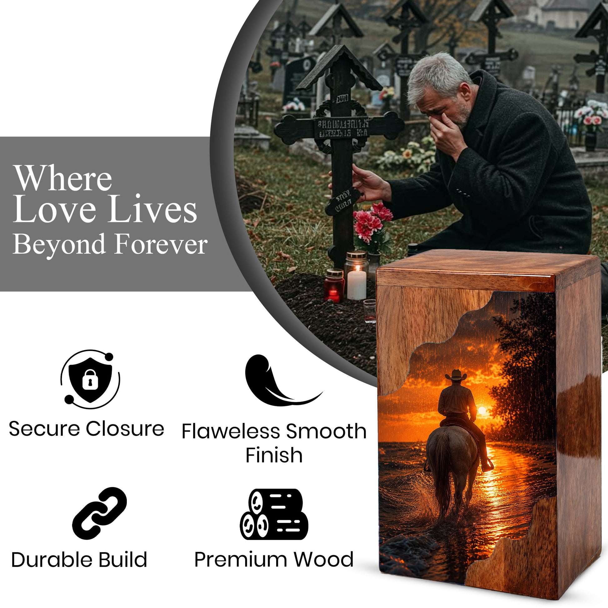 Western Cowboy Wooden Cremation Urn for Human Ashes