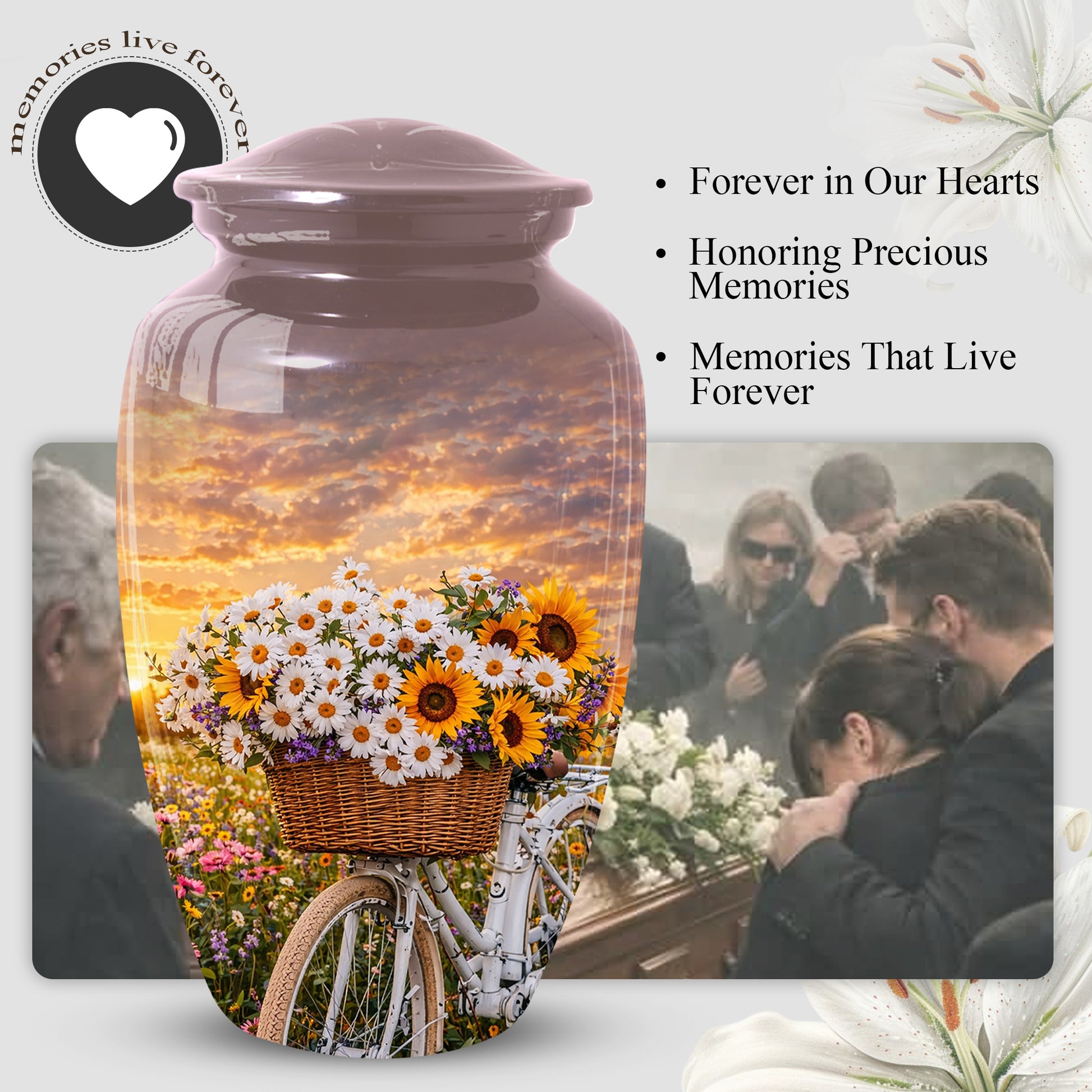 Flower Urn for Mom, Floral Cremation Large Urn for Ashes, Daisy & Sunflower Memorial Urn for Women