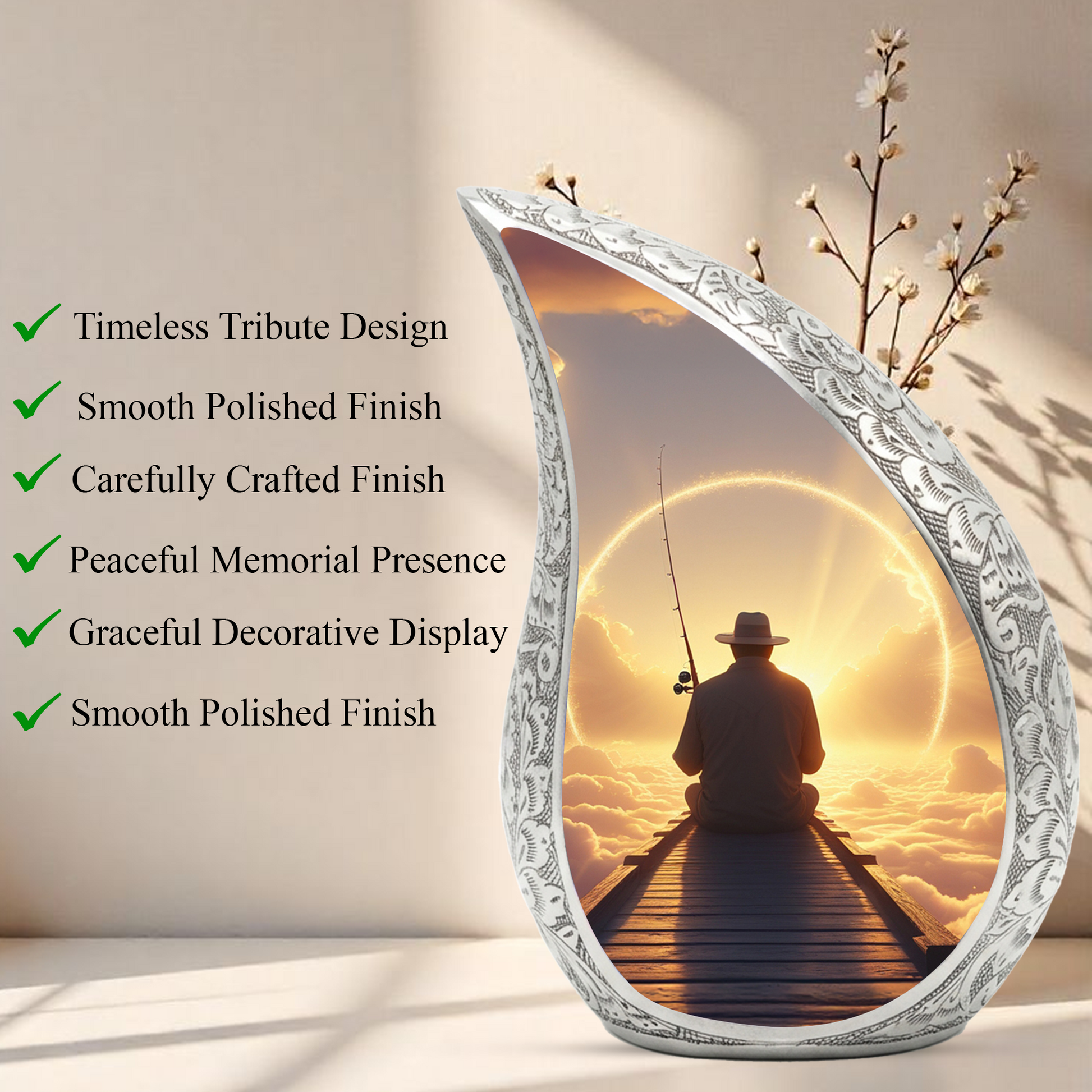 Fishing Personalized Cremation Urn for Dad – Teardrop Style Aluminum Memorial Urn, 10 Inch