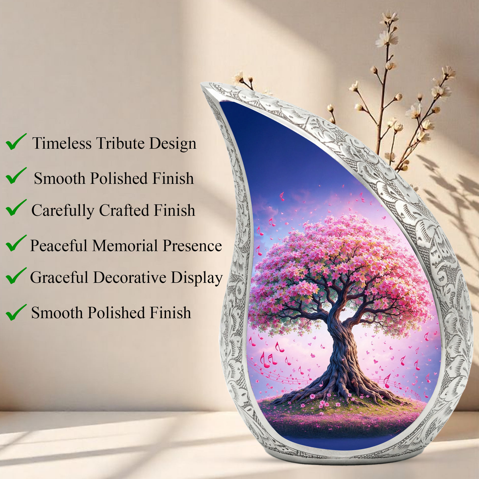 Tree of Life Personalized Cremation Urn – Teardrop Style Aluminum Memorial Urn, 10 Inch