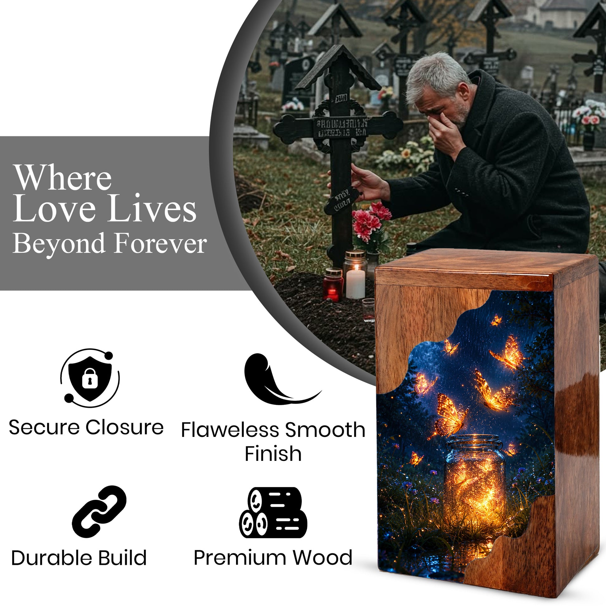 Butterfly Wooden Cremation Urn – Glowing Butterfly Memorial Urn for Human Ashes