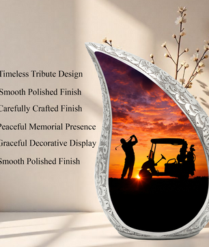 Golf Personalized Cremation Urn – Teardrop Style Aluminum Memorial Urn, 10 Inch