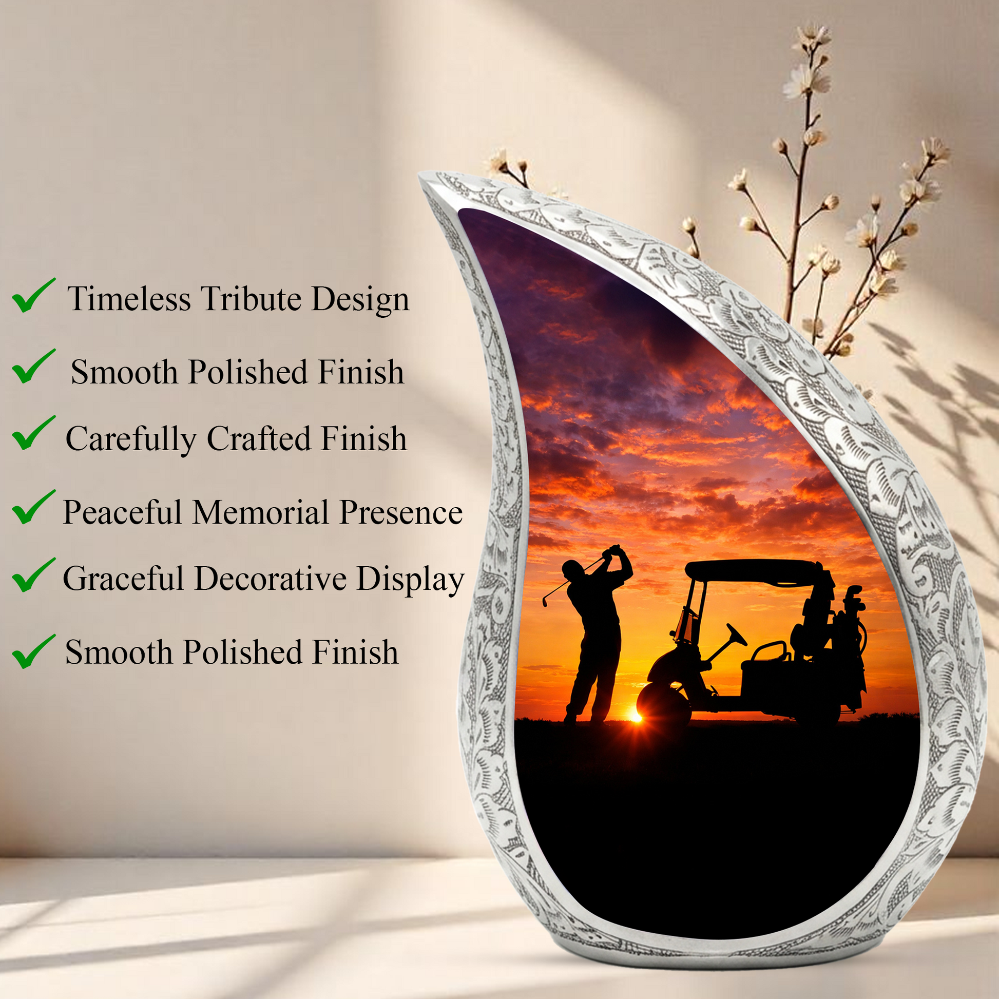 Golf Personalized Cremation Urn – Teardrop Style Aluminum Memorial Urn, 10 Inch