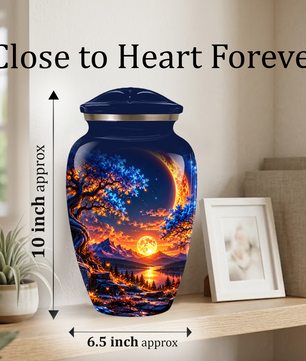 Celestial Moon Cremation Urn for Adult Ashes,  Glowing Crescent Moon, Sunset Mountains and Starry Lake Artwork