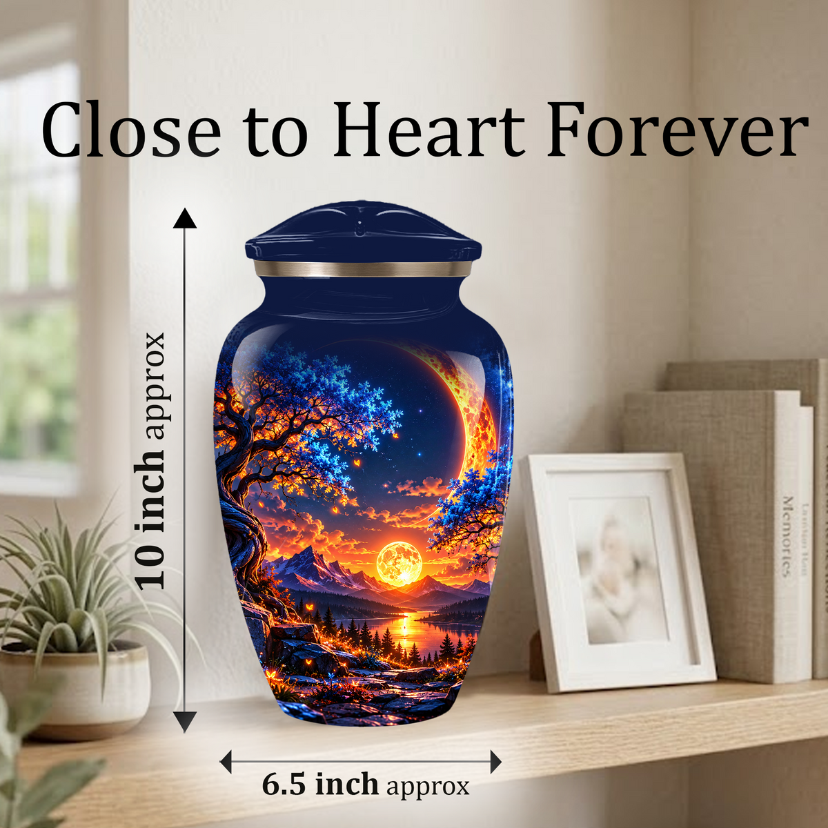 Celestial Moon Cremation Urn for Adult Ashes,  Glowing Crescent Moon, Sunset Mountains and Starry Lake Artwork