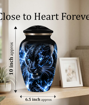 Personalized Adult Cremation Urn for Ashes, Custom Black Panther Memorial Urn, Blue Lightning Fantasy Animal Artwork