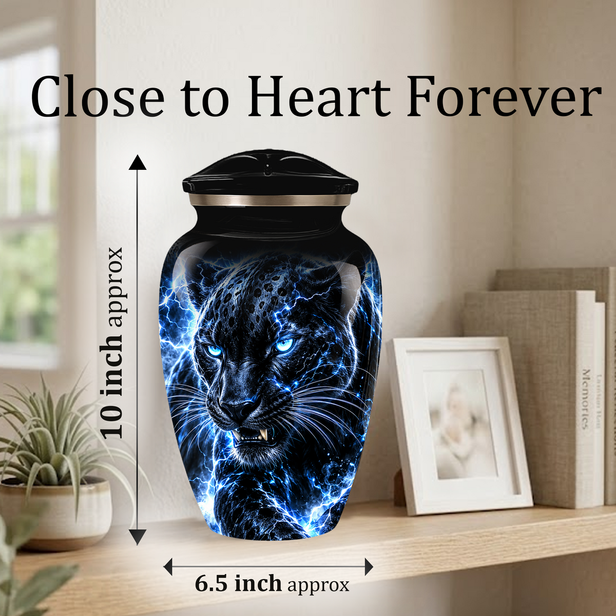 Personalized Adult Cremation Urn for Ashes, Custom Black Panther Memorial Urn, Blue Lightning Fantasy Animal Artwork