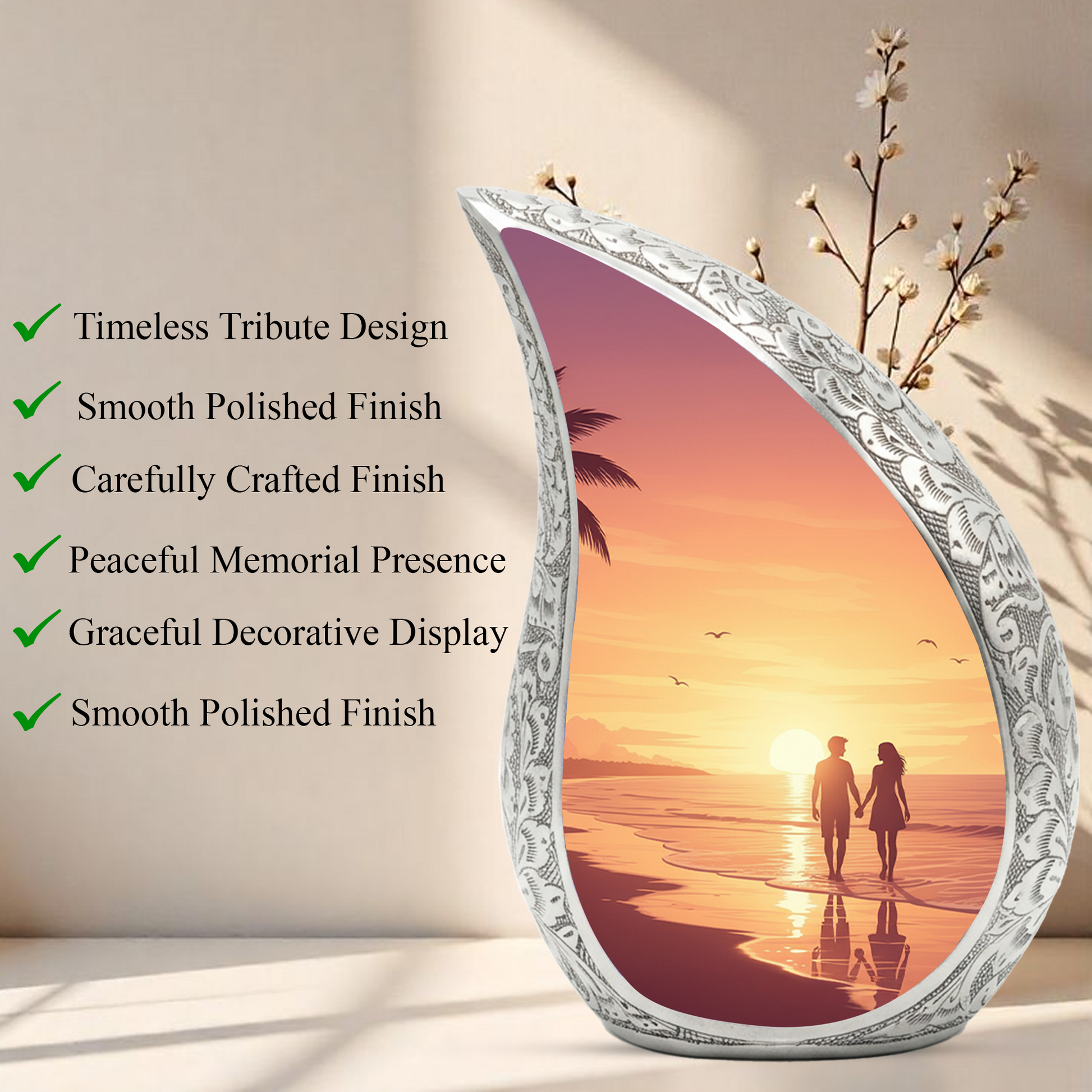 Personalized Beach Sunset Cremation Urn – Custom Ocean Memorial Urn for Ashes, Couple Beach Teardrop Aluminum Adult Urn, 10 Inch