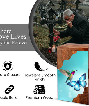 Hummingbird & Blue Butterfly Wooden Cremation Urn – Symbolic Memorial Wooden Urn for Human Ashes