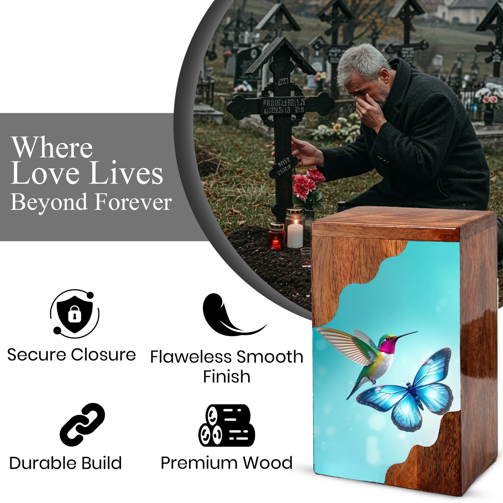 Hummingbird & Blue Butterfly Wooden Cremation Urn – Symbolic Memorial Wooden Urn for Human Ashes