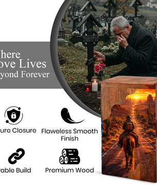Cowboy Wooden Cremation Urn – Western Memorial Urn for Human Ashes