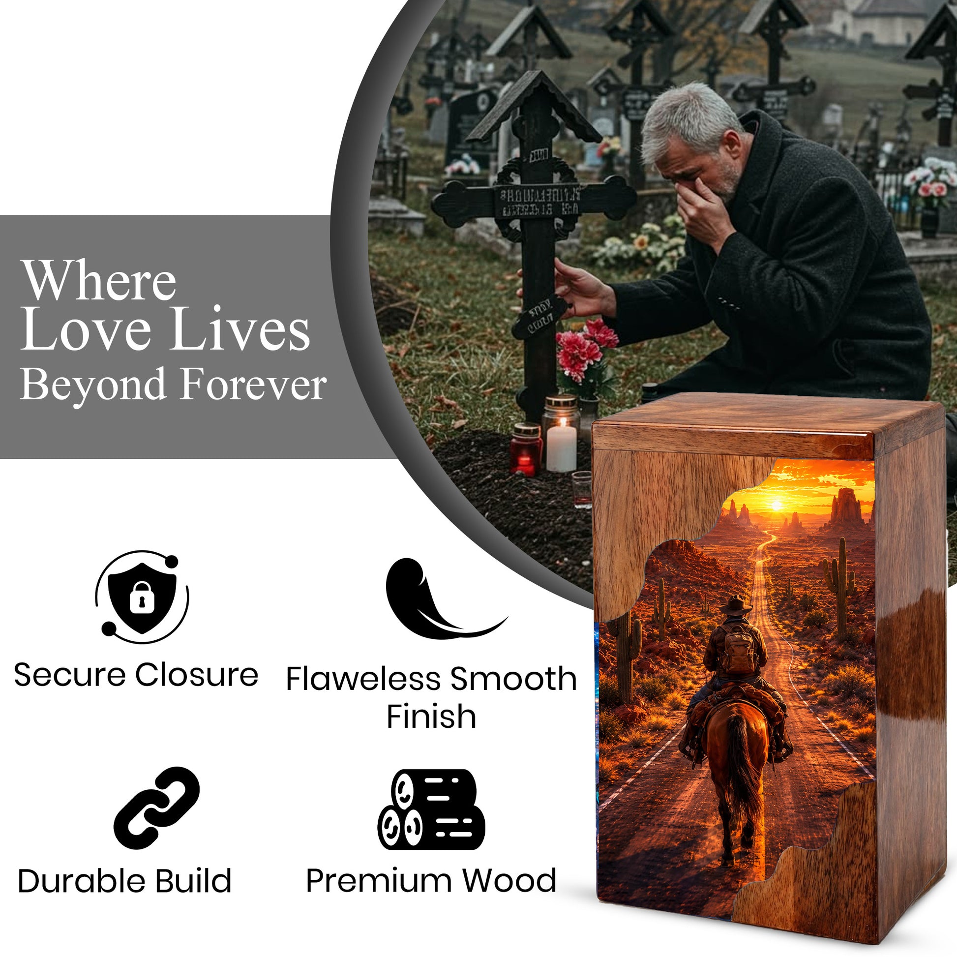 Cowboy Wooden Cremation Urn – Western Memorial Urn for Human Ashes
