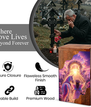 Angel Heaven Gate Wooden Cremation Urn – Heavenly Garden Memorial Wooden Urn for Human Ashes