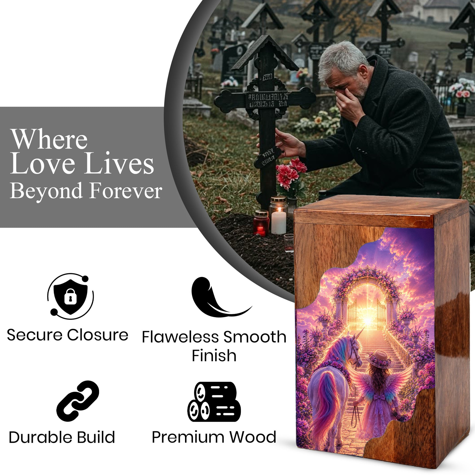 Angel Heaven Gate Wooden Cremation Urn – Heavenly Garden Memorial Wooden Urn for Human Ashes