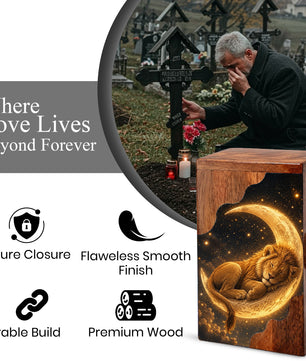 Lion Wooden Cremation Urn – Celestial Moon Memorial Urn for Human Ashes