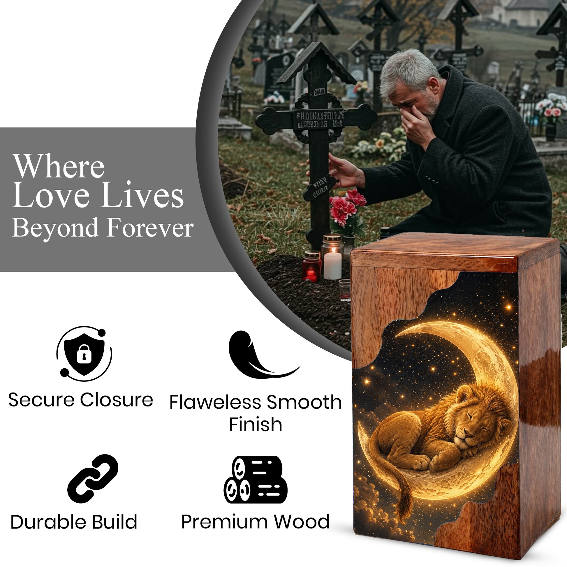 Lion Wooden Cremation Urn – Celestial Moon Memorial Urn for Human Ashes