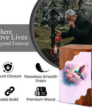 Hummingbird Wooden Cremation Urn – Floral Memorial Urn with Hummingbird Design