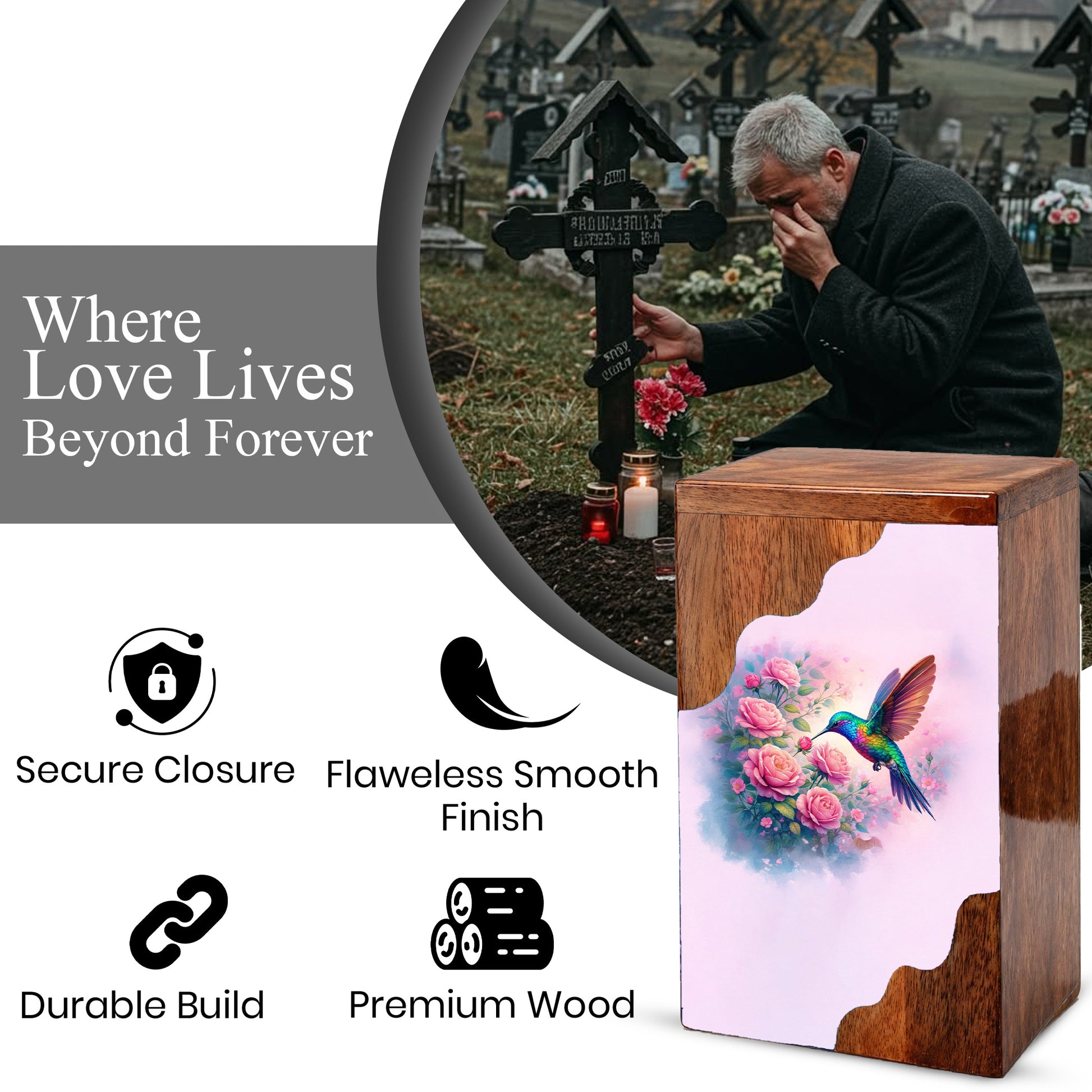 Hummingbird Wooden Cremation Urn – Floral Memorial Urn with Hummingbird Design