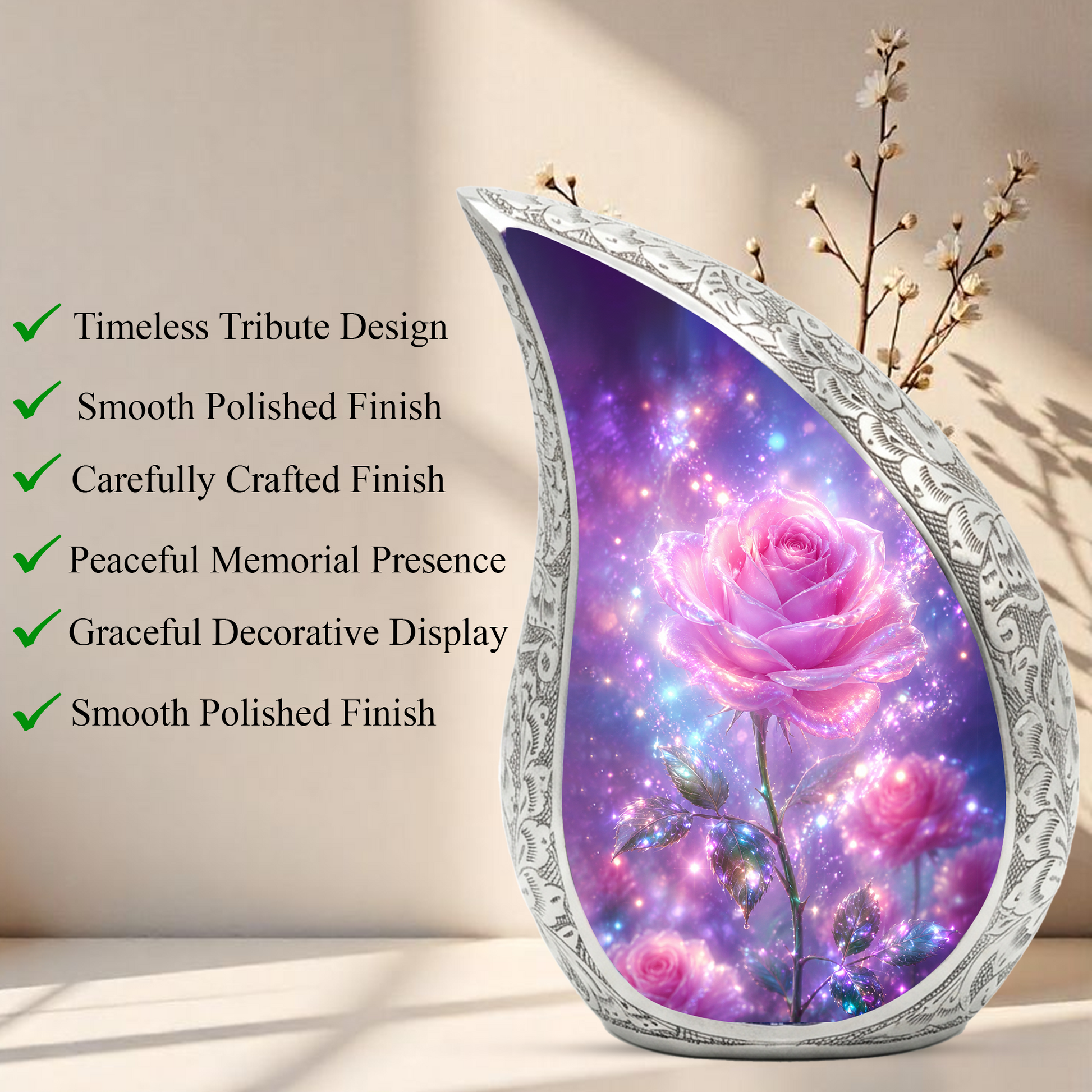 Pink Rose Memorial Urn for Mom, Floral Cremation Urn for Ashes