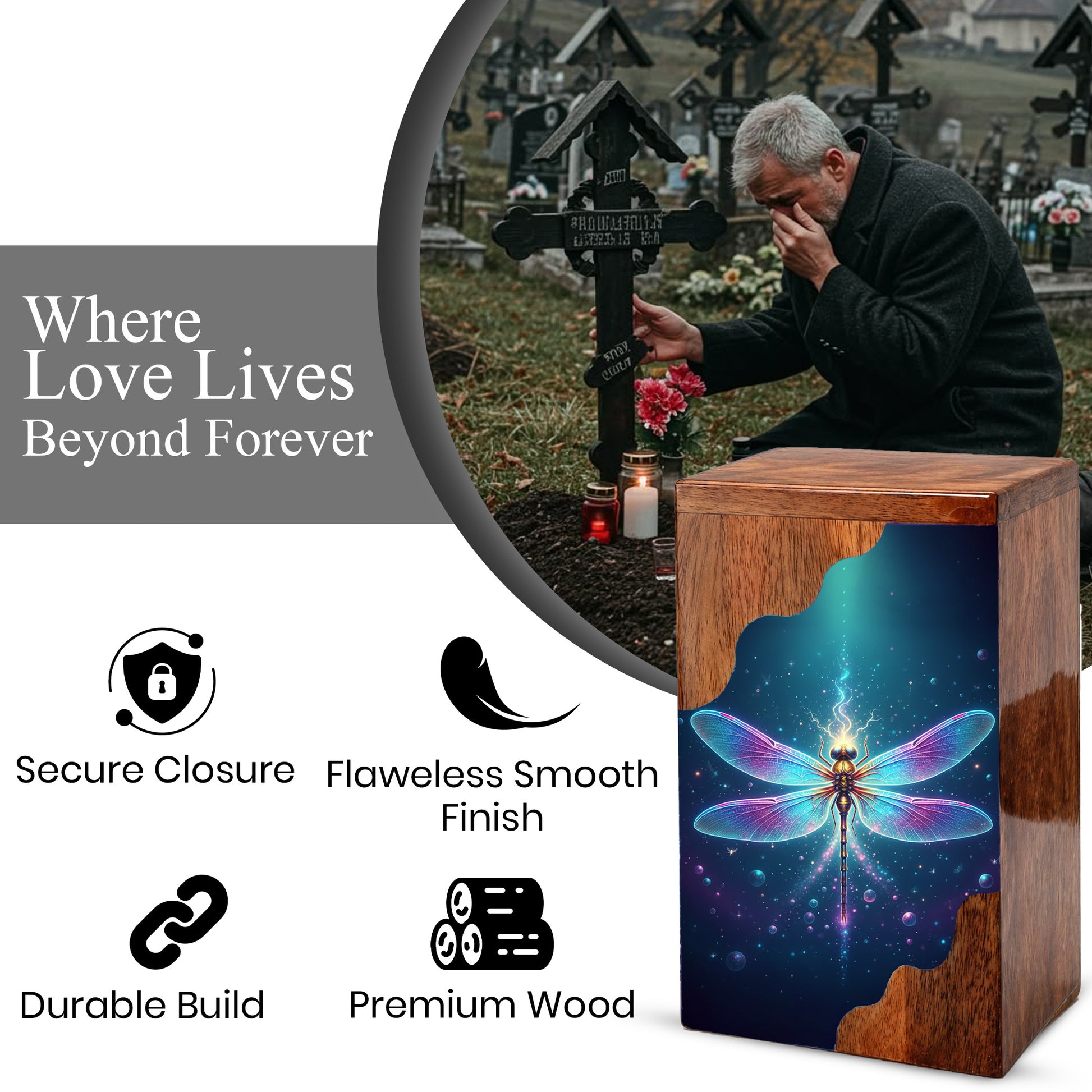 Dragonfly Wooden Cremation Urn – Radiant Butterfly Inspired Memorial Wooden Urn for Human Ashes