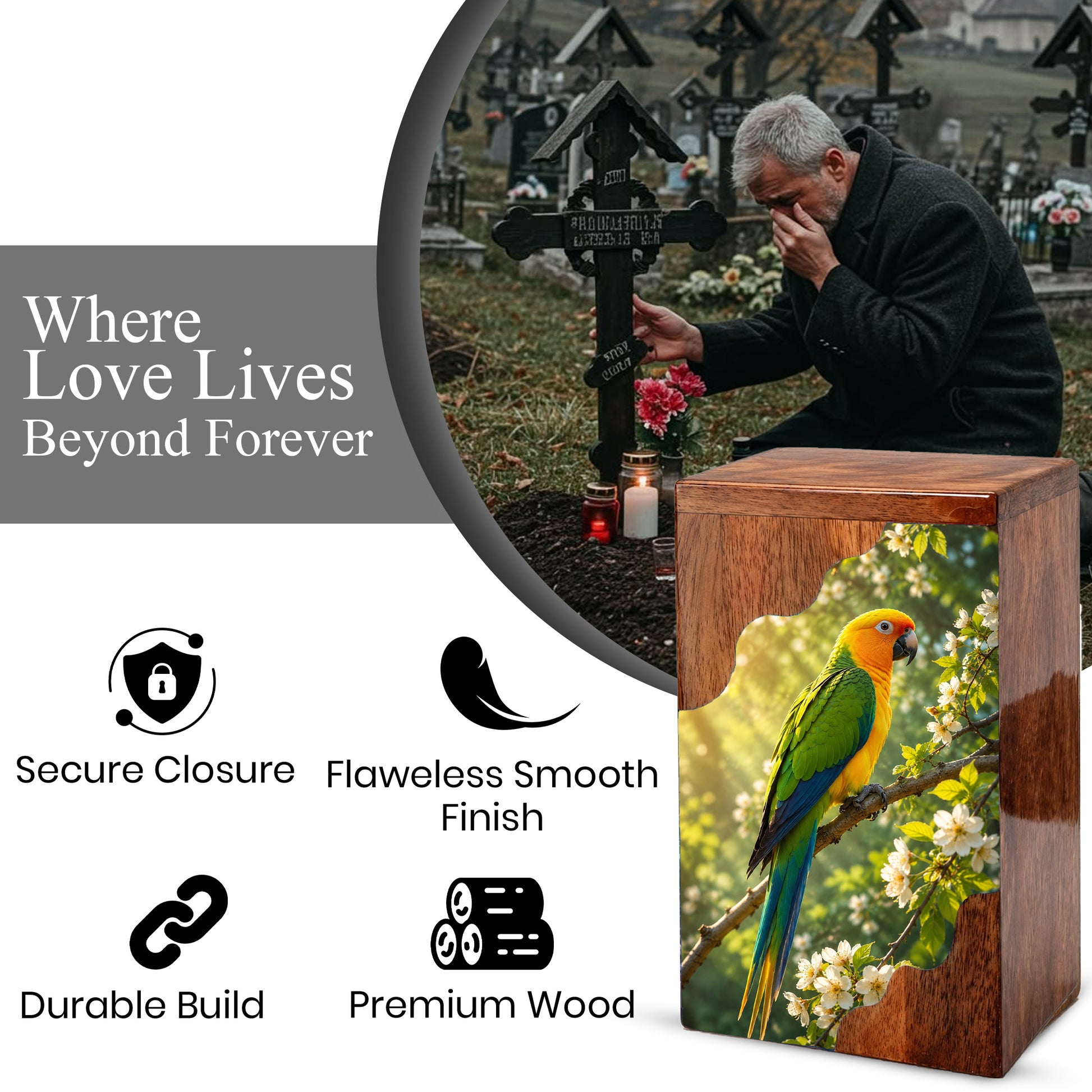 Parrot Wooden Cremation Urn – Personalized Memorial Urn for Human Ashes | Bird Memorial Wooden Urn