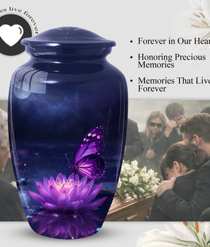 Purple Butterfly Urn for Mom on Lotus Flower | Butterfly Cremation Large Urn for Ashes