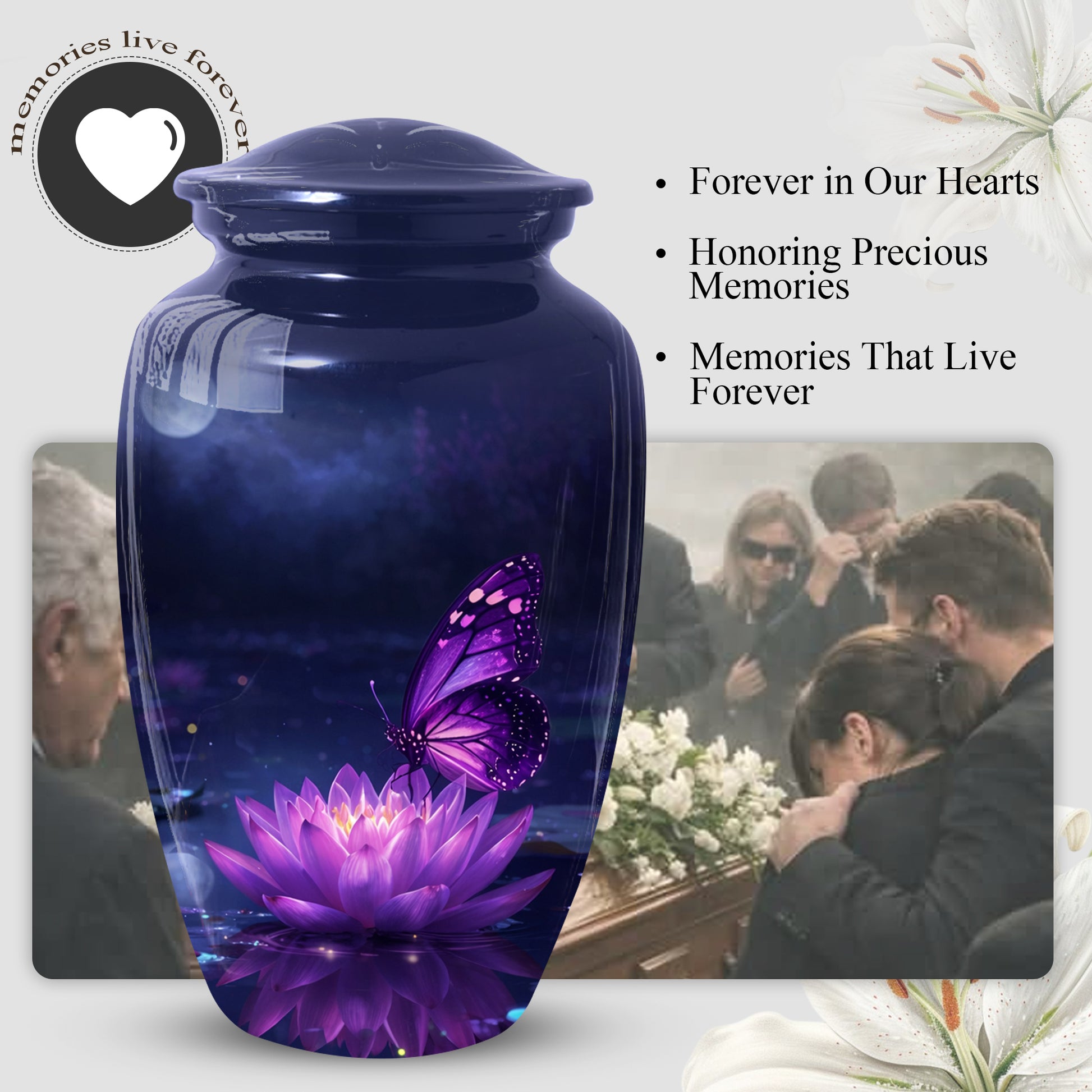 Purple Butterfly Urn for Mom on Lotus Flower | Butterfly Cremation Large Urn for Ashes