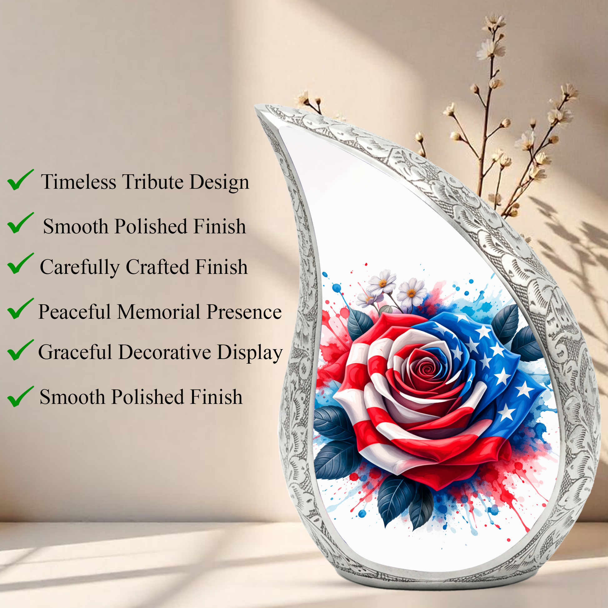 American Flag Rose Adult Cremation Urn,Personalized Memorial Urn for Mom or Dad