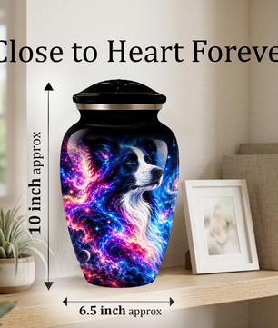 Cosmic Border Collie Cremation Urn for Adult Ashes, Black and White Dog Memorial Urn with Glowing Blue Pink Galaxy and Celestial Stars Artwork