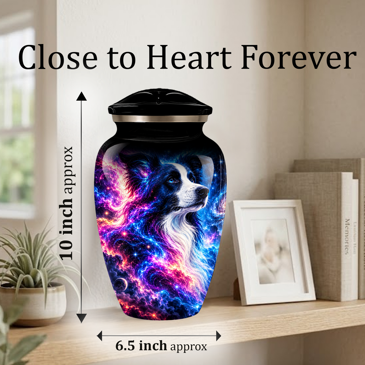 Cosmic Border Collie Cremation Urn for Adult Ashes, Black and White Dog Memorial Urn with Glowing Blue Pink Galaxy and Celestial Stars Artwork
