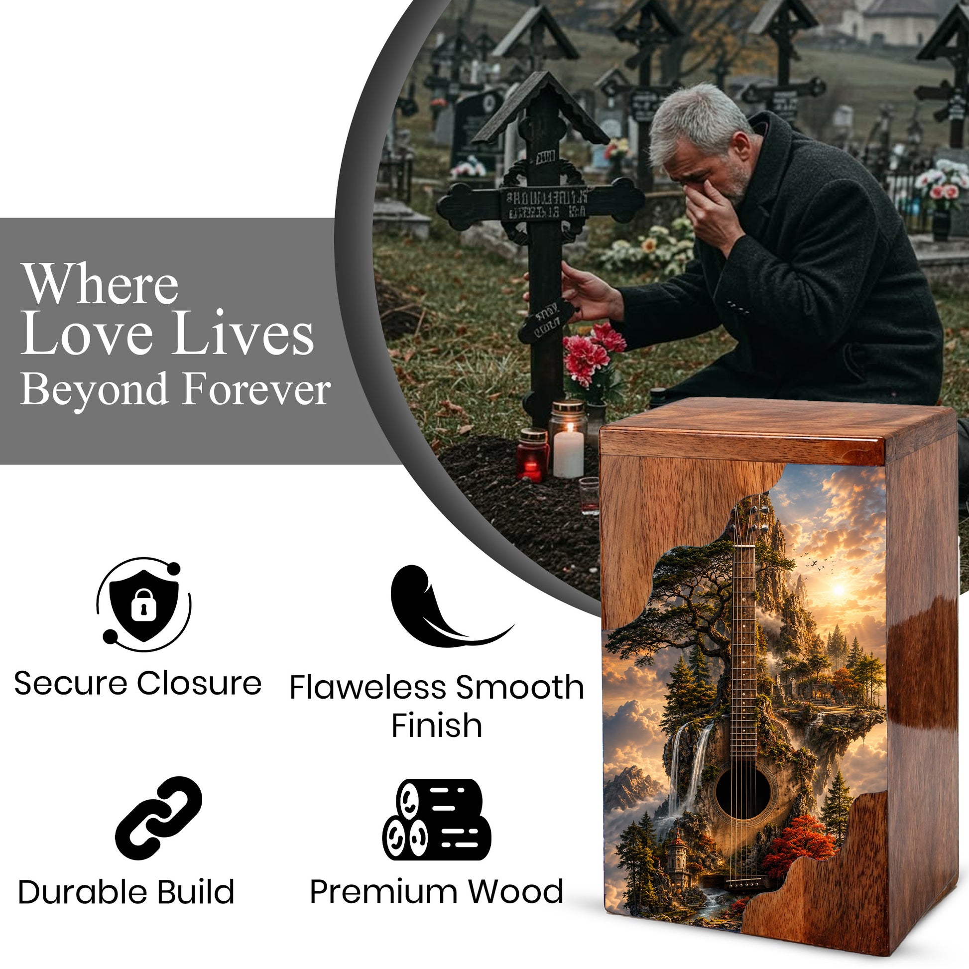 Guitar Wooden Cremation Urn – Wooden Urn for Human Ashes | Acoustic Guitar Memorial Urn