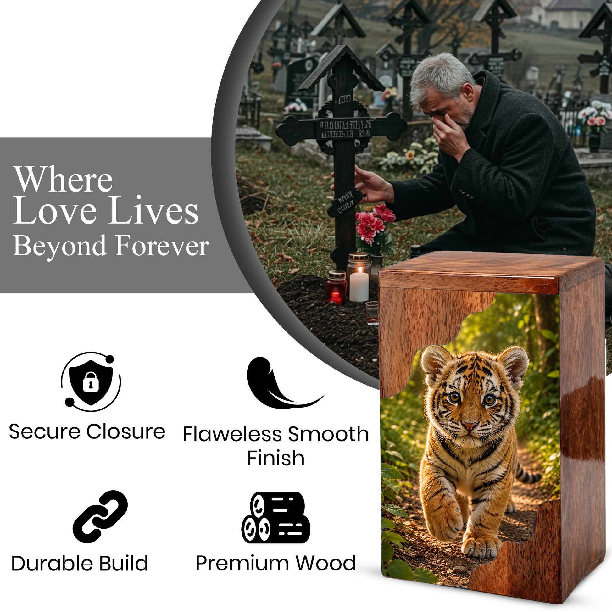 Tiger Wooden Cremation Urn – Strength & Courage Memorial Urn for Human Ashes
