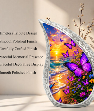 Purple Butterfly Memorial Urn for Mom, Beach Butterfly Cremation Urn for Ashes